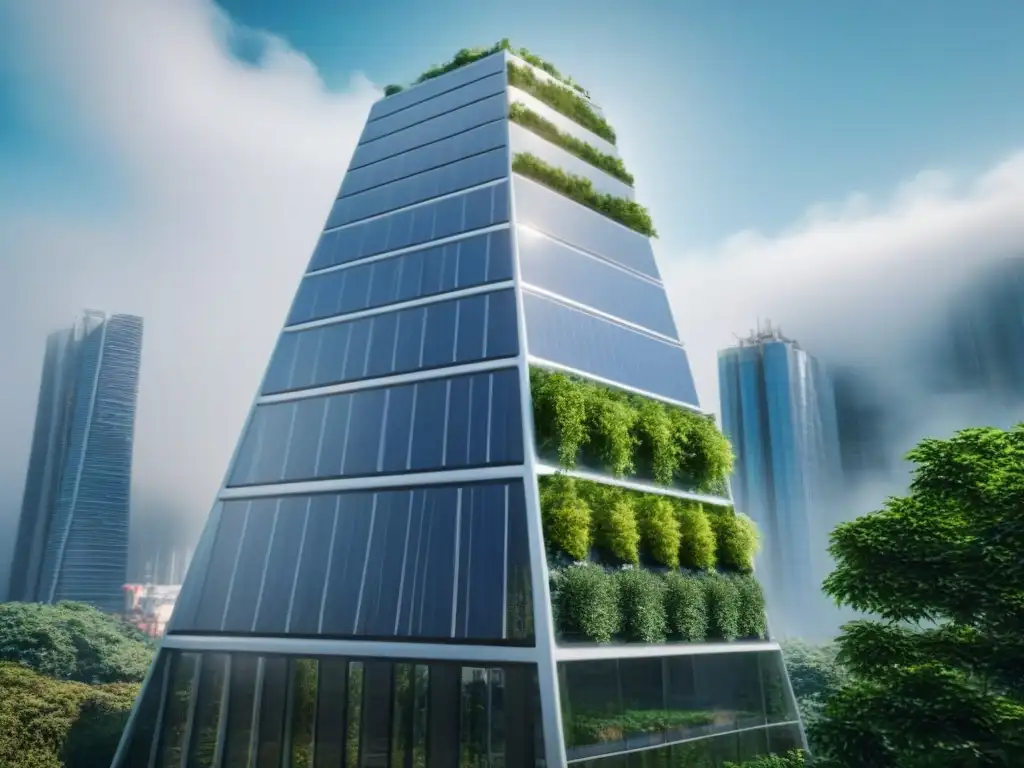 Rascacielos futurista sostenible en ciudad internacional Impresionante rascacielos sostenible en ciudad internacional, destacando tecnología ecológica