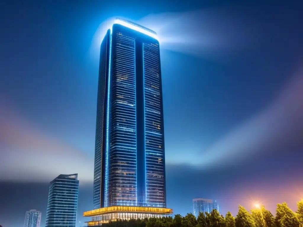 Rascacielos sostenible: iluminación LED futurista de noche Impresionante rascacielos sostenible iluminado con LED en la noche