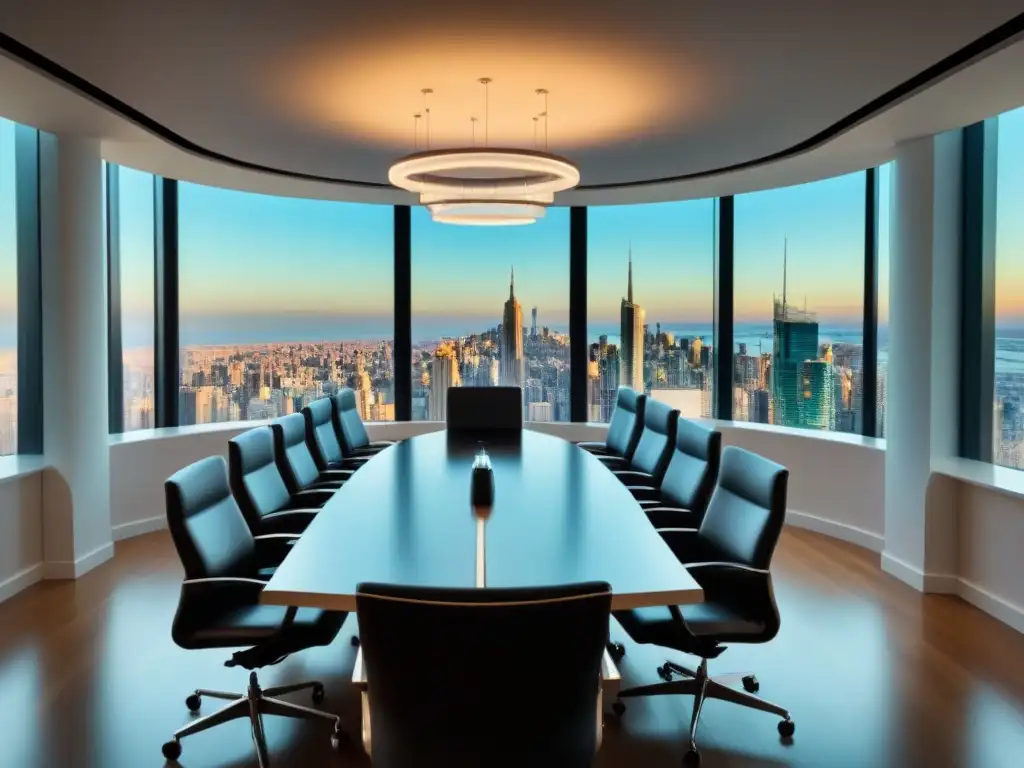 Oficina ejecutiva de lujo con vista panorámica y arte contemporáneo Impresionante sala de juntas moderna con vistas a la ciudad, perfecta para la adquisición Douglas Elliman por Vector Group