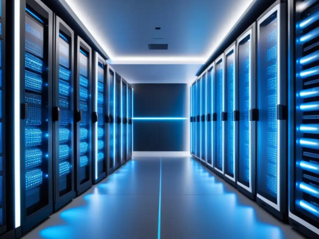 Servidores futuristas en sala de nube - Detalles en 8k Un impresionante servidor en la nube futurista, con luces azules y blancas, patrones de circuitos y organización impecable