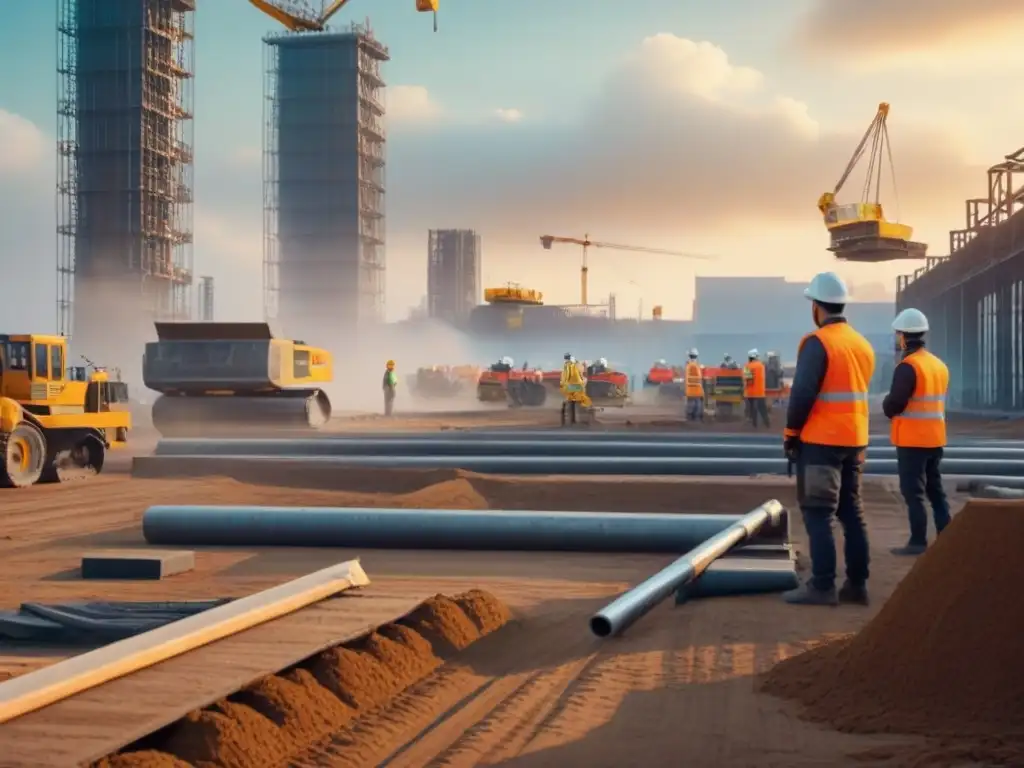 Construcción del futuro: máquinas y robots junto a trabajadores Un impresionante sitio de construcción futurista con maquinaria avanzada y robots trabajando junto a obreros