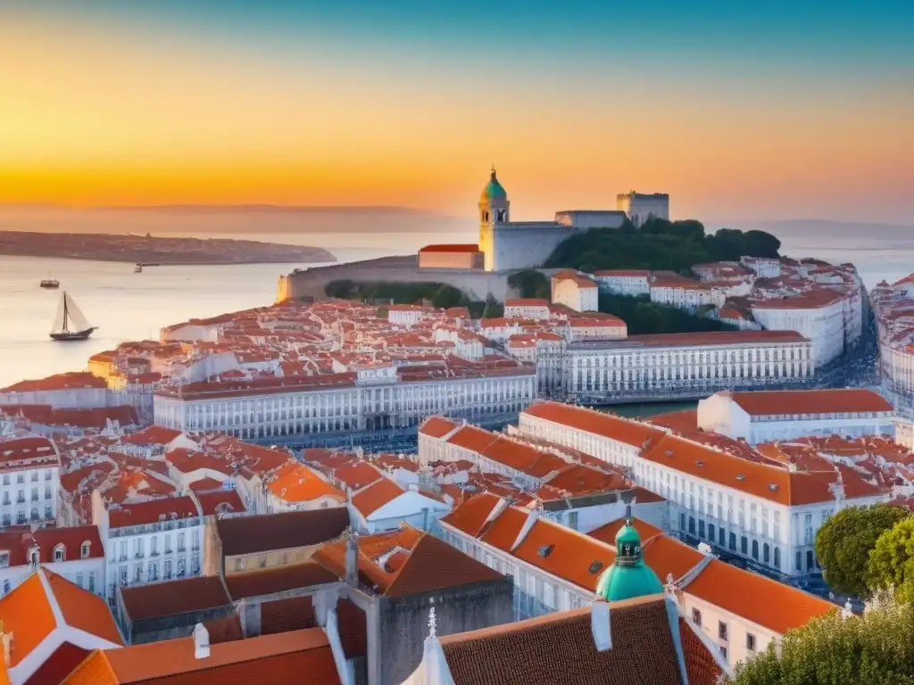 Horizonte de Lisboa al atardecer: fusión histórica y moderna Impresionante skyline de Lisboa al atardecer, fusionando arquitectura histórica y moderna