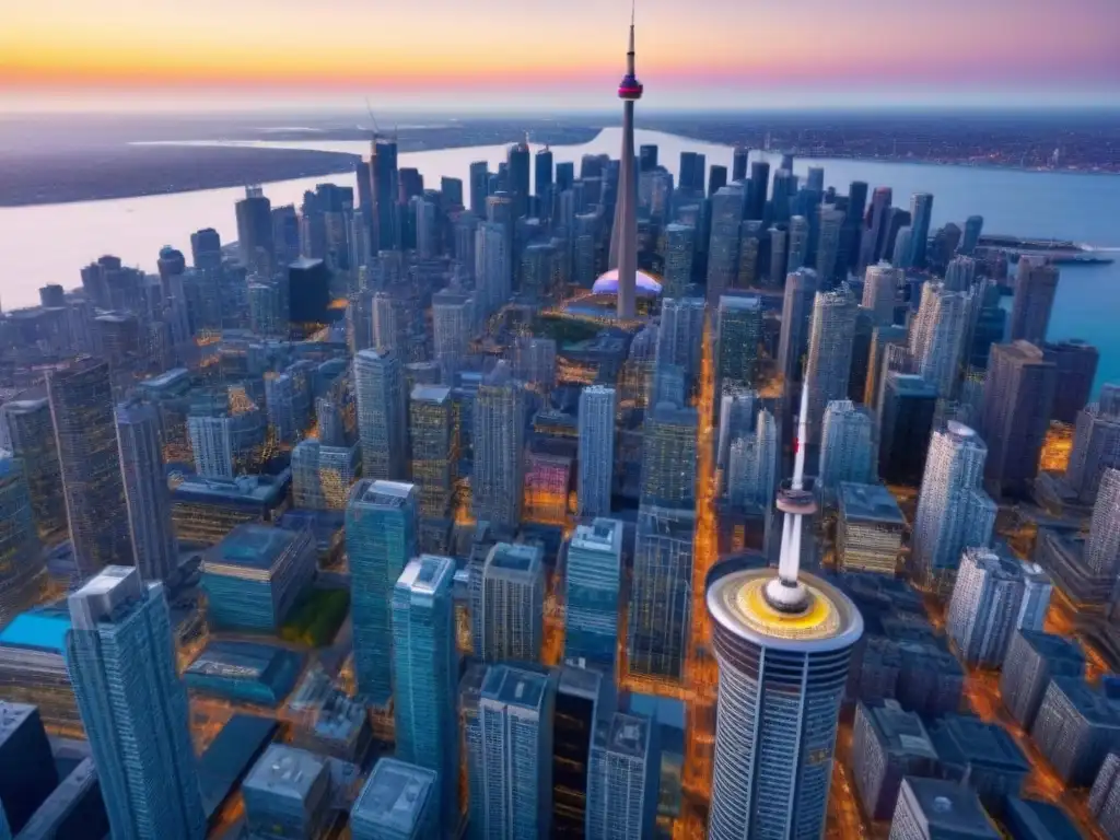 Espléndido atardecer en Toronto: CN Tower y modernos rascacielos Impresionante skyline de Toronto al atardecer con la emblemática CN Tower
