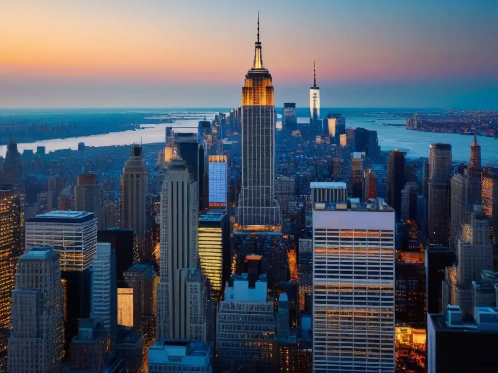 Horizonte de Manhattan: atardecer dorado entre rascacielos Impresionante skyline de Nueva York al atardecer con rascacielos brillando