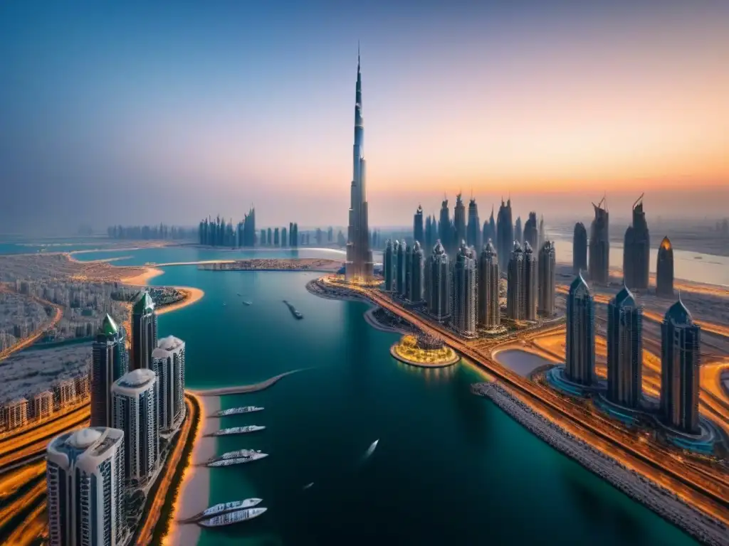 Esplendor urbano en Dubai: atardecer en 8k Impresionante skyline de Dubai al anochecer, resaltando el Burj Khalifa entre rascacielos futuristas iluminados por el sol