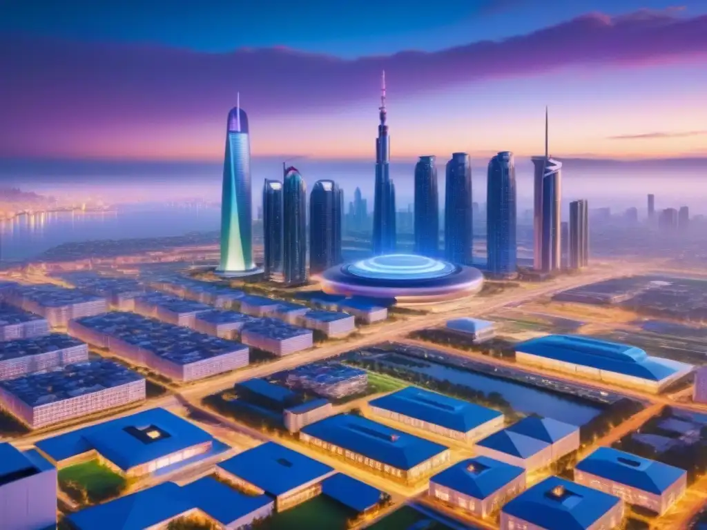 Skyline futurista: ciudad inteligente al anochecer Impresionante skyline de una ciudad inteligente futurista al anochecer, con edificios interconectados iluminados por luces LED coloridas