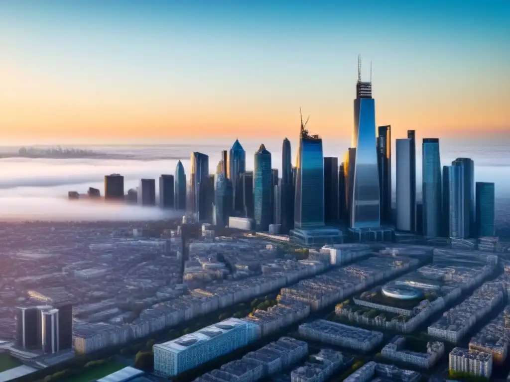 Horizonte urbano: mercado inmobiliario postBrexit en auge Impresionante skyline de ciudad moderna reflejando el sol, predicciones mercado inmobiliario post-Brexit