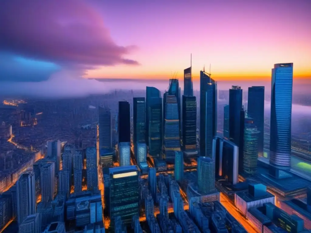 Skyline futurista postBrexit: oportunidades globes de inversión Impresionante skyline futurista al atardecer, reflejando la inversión inmobiliaria post Brexit