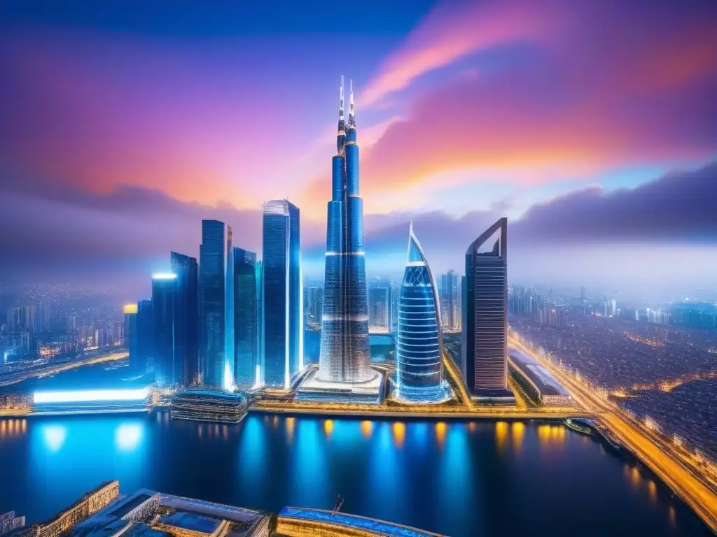 Metrópolis futurista: inversión inmobiliaria global Impresionante skyline futurista iluminado por luces coloridas, reflejando estrategias inmobiliarias globales inversión