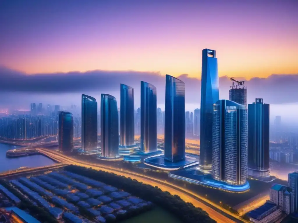 Metrópolis futurista: luces de neón y arquitectura innovadora Impresionante skyline futurista al anochecer para inversionistas globales en REITs internacionales