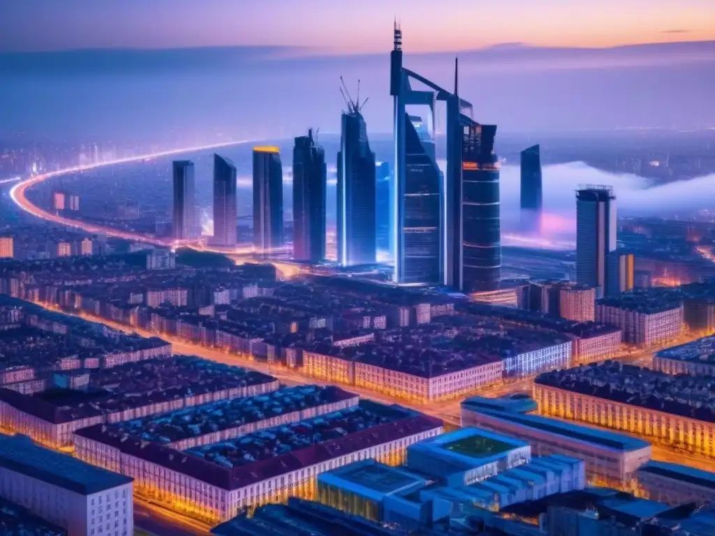 Skyline futurista de Europa del Este: rascacielos y luces neón Impresionante skyline futurista en Europa del Este con inversores y luces de neón
