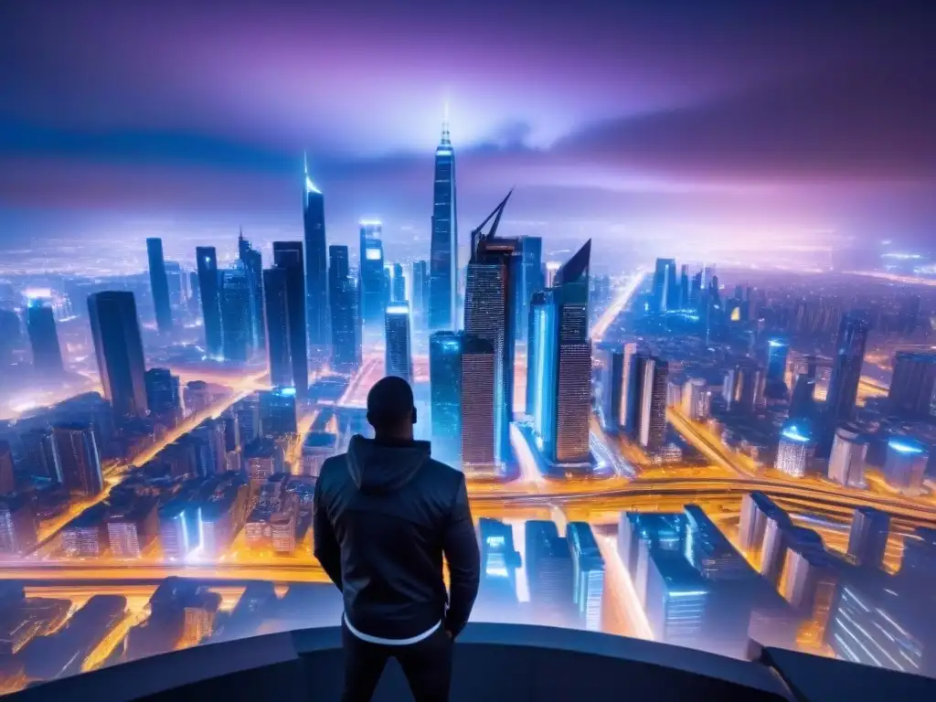 Metrópolis futurista: luces neón y ciberseguridad Impresionante skyline futurista nocturno con rascacielos iluminados por luces neón y una red de datos brillantes entre ellos, simbolizando la importancia de la seguridad en inversión inmobiliaria internacional