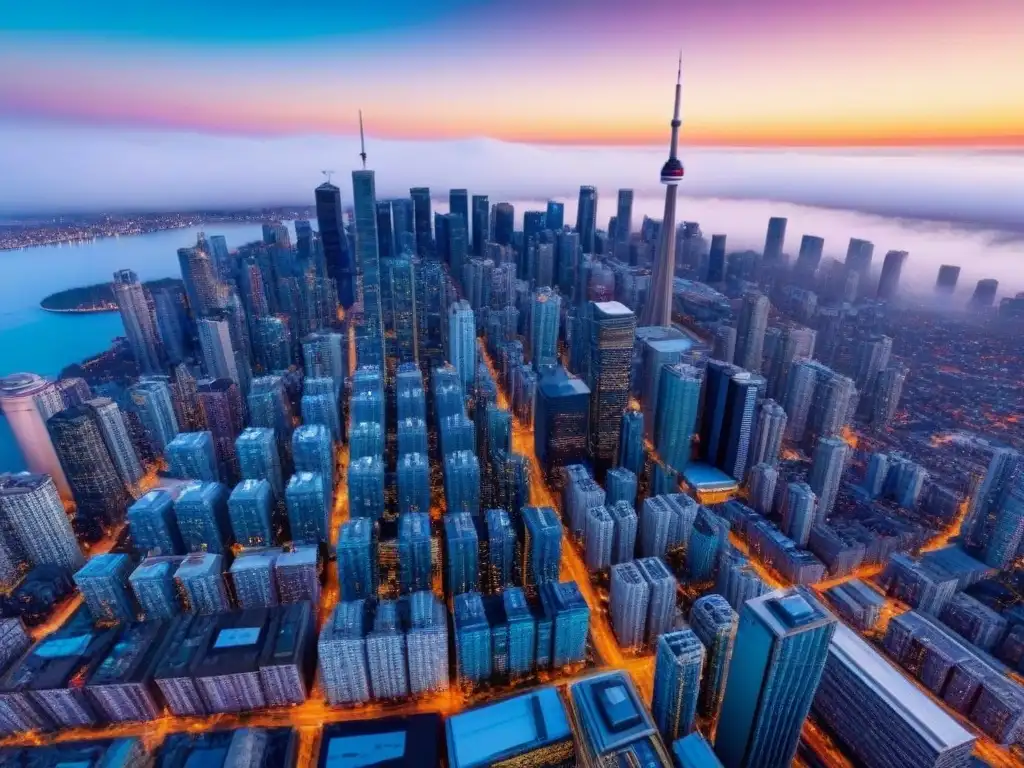 Horizonte futurista de Toronto: atardecer vibrante y rascacielos modernos Impresionante skyline futurista en Toronto con rascacielos de vidrio reflectante, iluminados por la puesta de sol