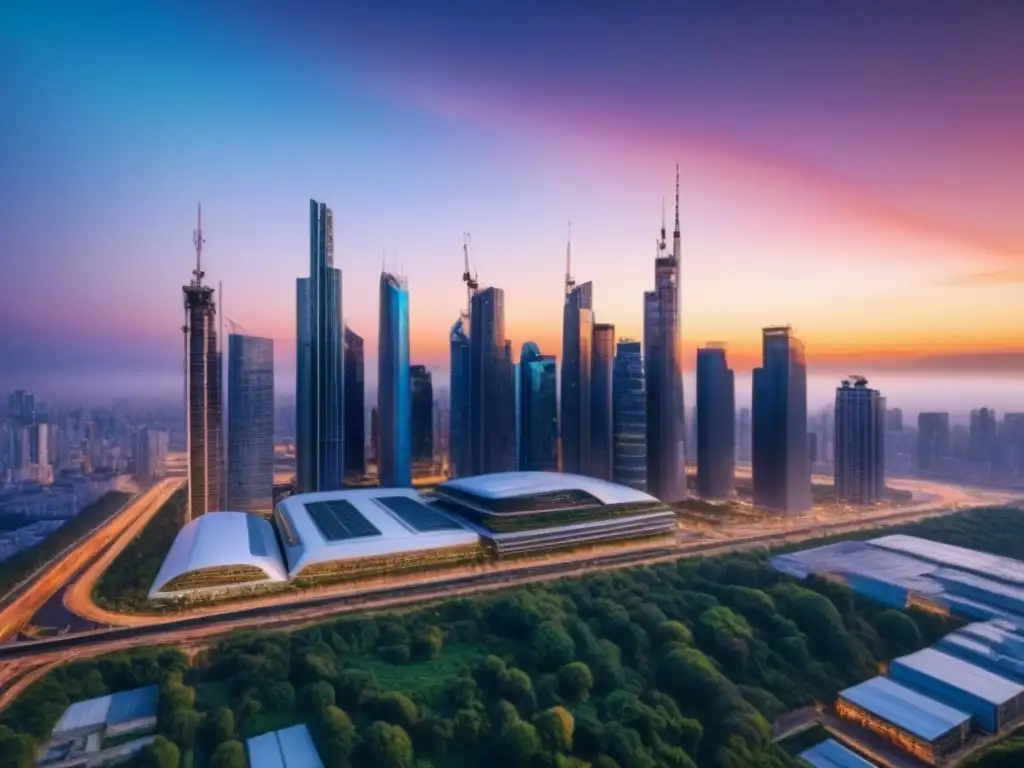 Futurismo urbano en 8k: Ciudad innovadora con atardecer vibrante Impresionante skyline futurista con rascacielos innovadores y normativas construcción internacional inversores