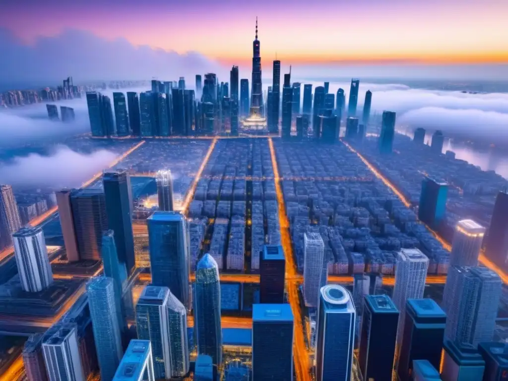 Metrópolis futurista: rascacielos ultramodernos construidos con nanotecnología avanzada Impresionante skyline futurista con rascacielos ultramodernos construidos con nanotecnología en construcción internacional