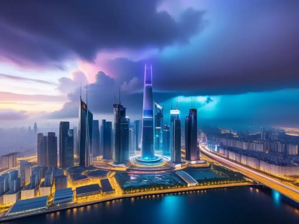 Skyline futurista: riesgos geopolíticos en inversión inmobiliaria Impresionante skyline futurista con riesgos geopolíticos en inversión inmobiliaria global