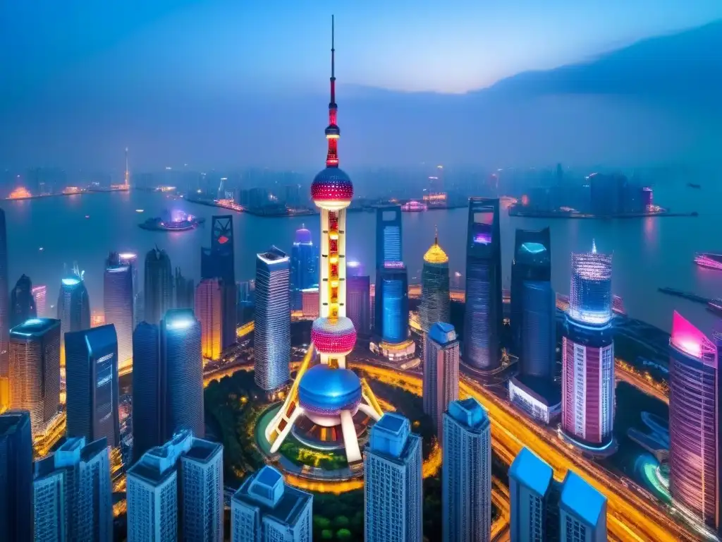 Horizonte futurista de Shanghai: luces y rascacielos Impresionante skyline futurista de Shanghái con la icónica Torre Perla Oriental y modernos rascacielos