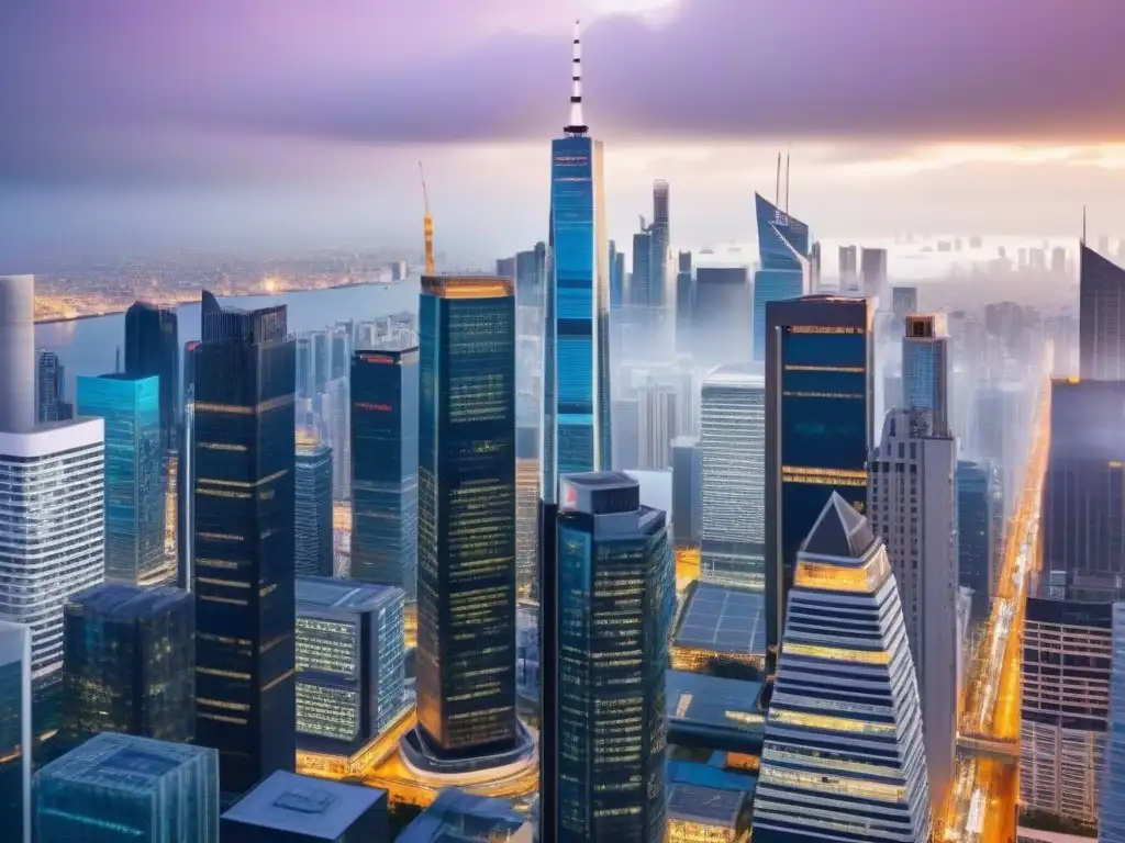 Inversión inmobiliaria global: skyline en 8k y profesionales negociando Impresionante skyline global con profesionales debatiendo, reflejando las mejores leyes propiedad extranjeros