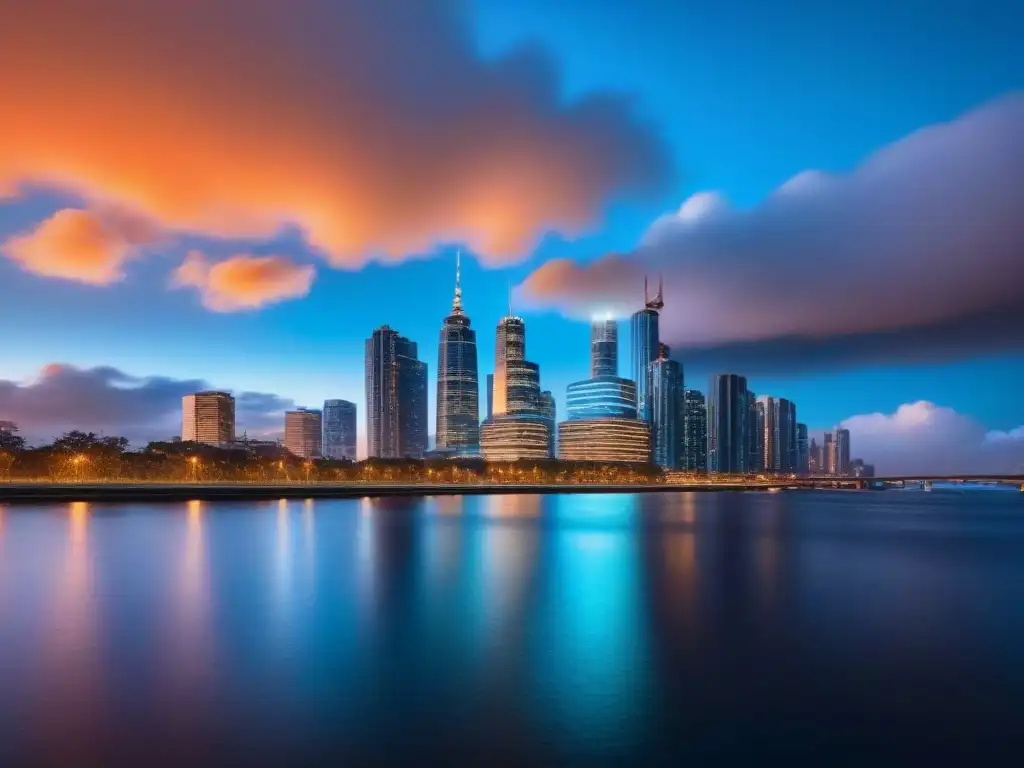 Horizonte urbano moderno al atardecer: luces de la ciudad y río tranquilo Impresionante skyline moderno al anochecer con rascacielos de vidrio iluminados y río tranquilo