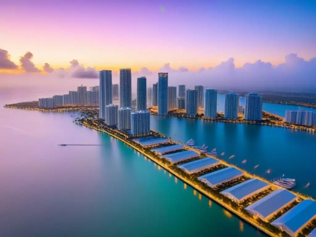 Espléndida vista aérea del skyline de Miami al anochecer Impresionante skyline de Miami al anochecer con modernos rascacielos iluminados y reflejos en la bahía