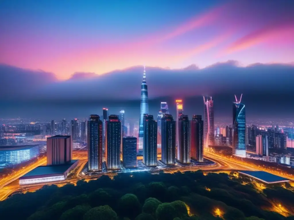 Impresionante skyline de ciudad moderna en 8k con luces vibrantes Impresionante skyline nocturno de una bulliciosa ciudad moderna con rascacielos iluminados