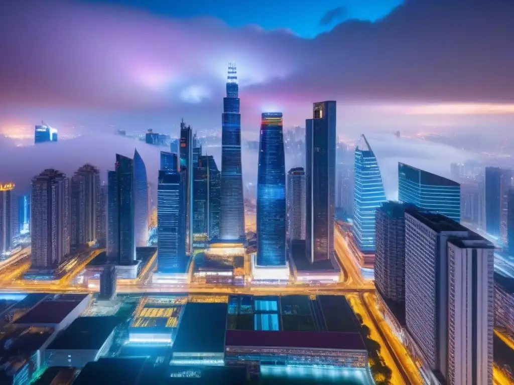 Skyline nocturno 8k: luces y prosperidad en mercado inmobiliario global Impresionante skyline nocturno de una ciudad vibrante en 8k, iluminada con luces coloridas