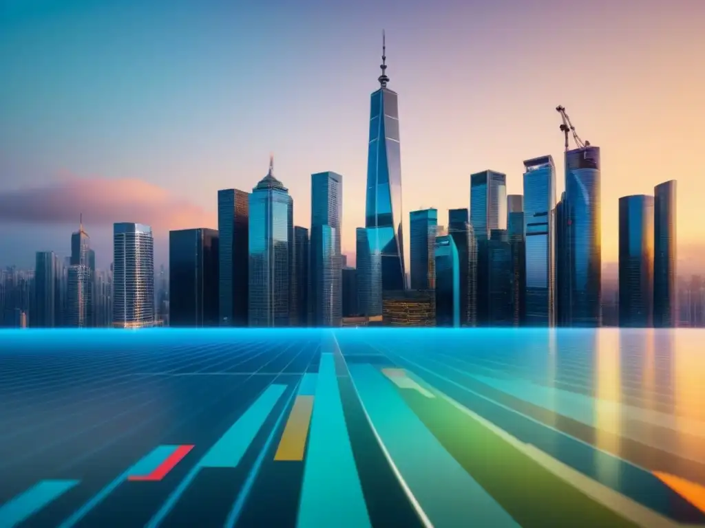 Skyline global: arquitectura y fluctuaciones monetarias Impresionante skyline de rascacielos con gráfico de fluctuaciones cambiarias, reflejando el mercado inmobiliario global