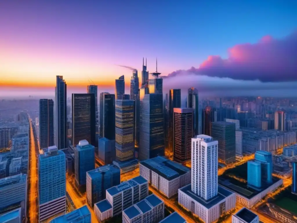 Espectacular ciudad moderna al atardecer en 8k Impresionante skyline de rascacielos modernos al atardecer, reflejando el sol cálido