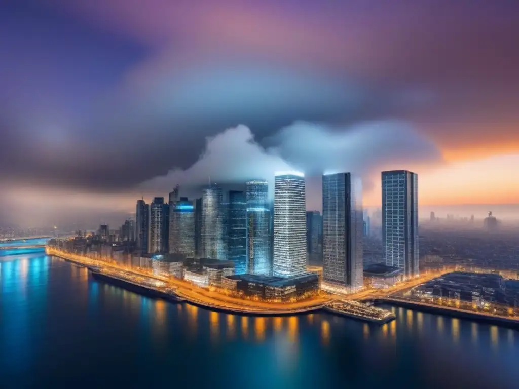 Horizonte urbano: rascacielos modernos y luminosos al anochecer Impresionante skyline de rascacielos modernos iluminados al atardecer, simbolizando ética y compliance en inversiones internacionales