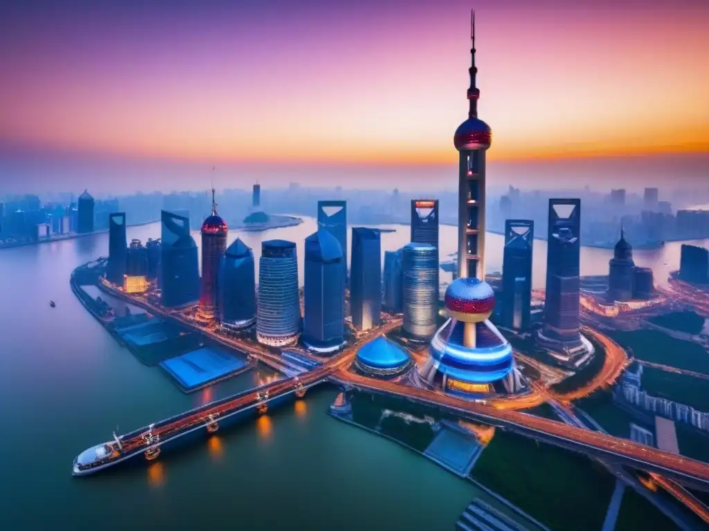 Horizonte futurista de Shanghai al atardecer Impresionante skyline de Shanghai al atardecer, reflejando el auge de la inversión inmobiliaria en China
