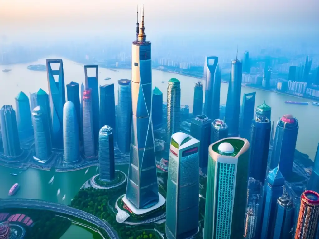 Horizonte futurista de Shanghai: innovación y armonía urbana Impresionante skyline de Shanghái con innovación en bienes raíces y diseño urbano