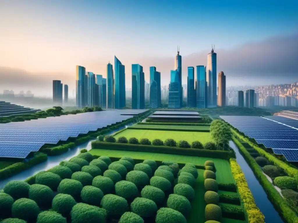 Horizonte urbano sostenible: armonía entre modernidad y naturaleza El impresionante skyline urbano refleja armonía entre desarrollo urbano y sostenibilidad