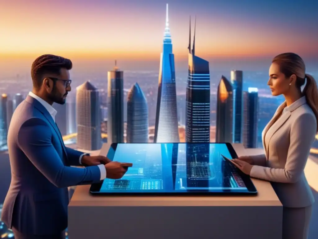 Skyline futurista: innovación y colaboración en bienes raíces Impresionante skyline urbano al atardecer con integración de inteligencia artificial en inversión inmobiliaria