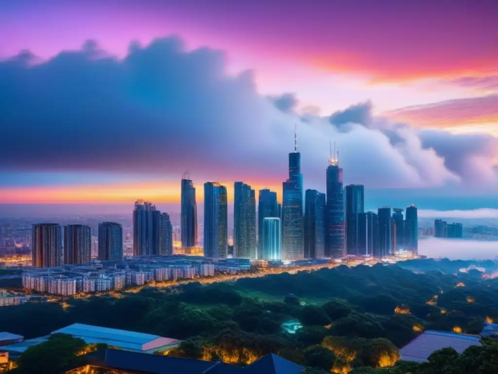Horizonte urbano en crepúsculo: luces vibrantes y prosperidad inmobiliaria Impresionante skyline urbano al atardecer, iluminado y próspero