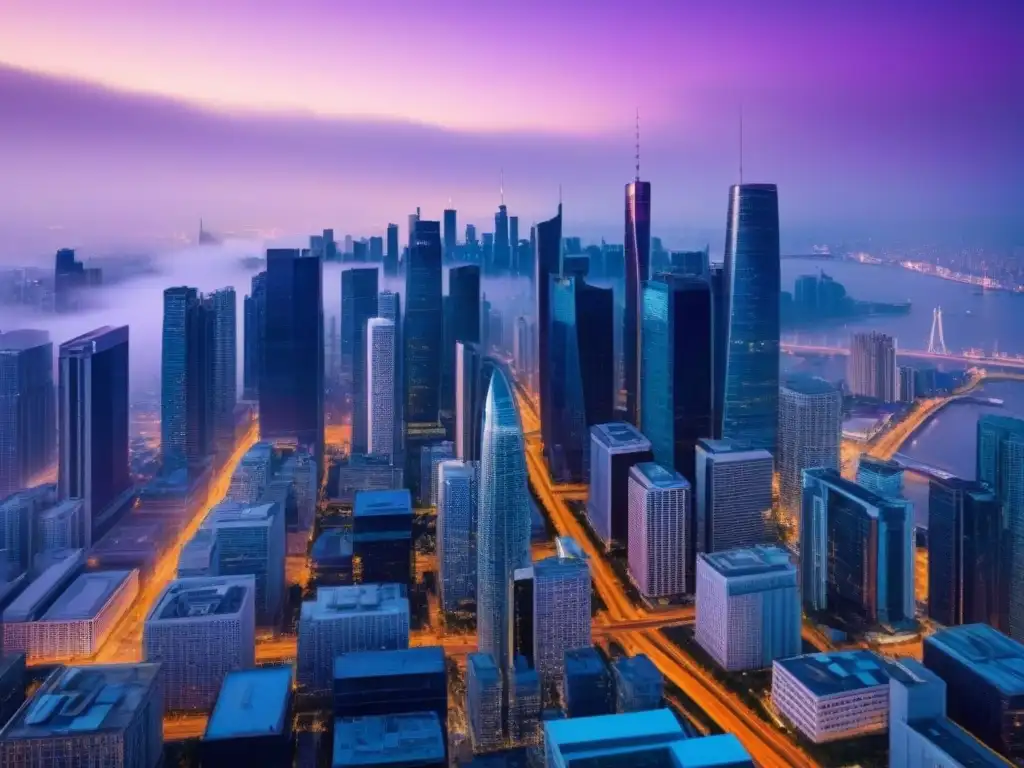 Cityscape futurista: inversión inmobiliaria global en metrópolis Impresionante skyline urbano al atardecer, reflejando luces de la ciudad