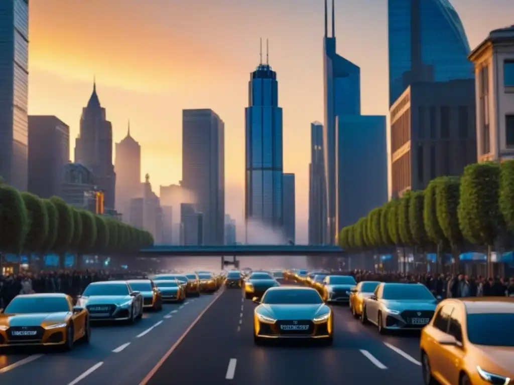 Horizonte urbano al atardecer: lujo y prosperidad en la ciudad Impresionante skyline urbano al atardecer, revelando la prosperidad y sofisticación del mercado inmobiliario