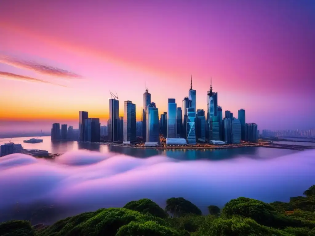 Horizonte urbano moderno: integración de big data en bienes raíces Impresionante skyline urbano al atardecer con rascacielos reflejando tonos naranjas y rosados, integrando casos éxito big data mercado inmobiliario