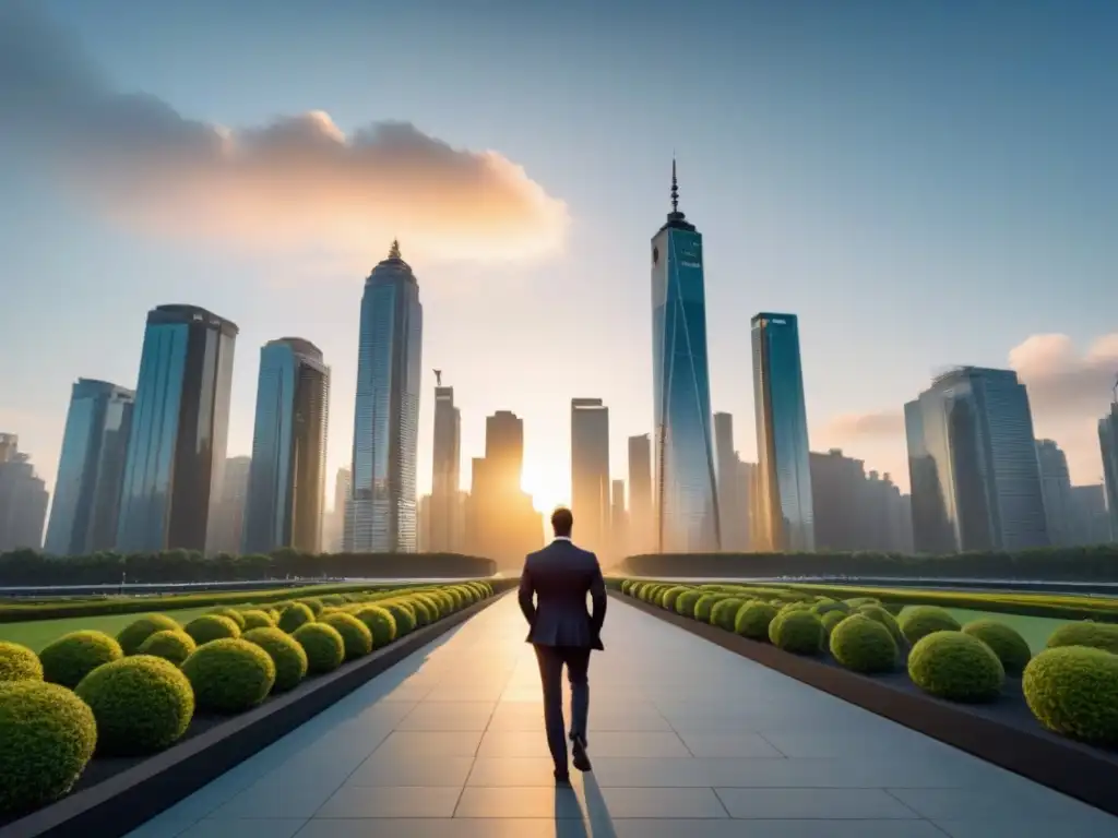 Horizonte urbano al atardecer: modernidad y naturaleza en armonía Impresionante skyline urbano al atardecer, reflejo de impacto económico en inversión inmobiliaria