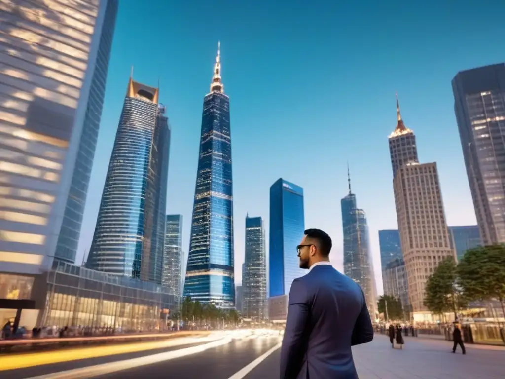 Metrópolis moderna al atardecer: luces y poder urbano Impresionante skyline urbano al atardecer con rascacielos iluminados y profesionales en trajes