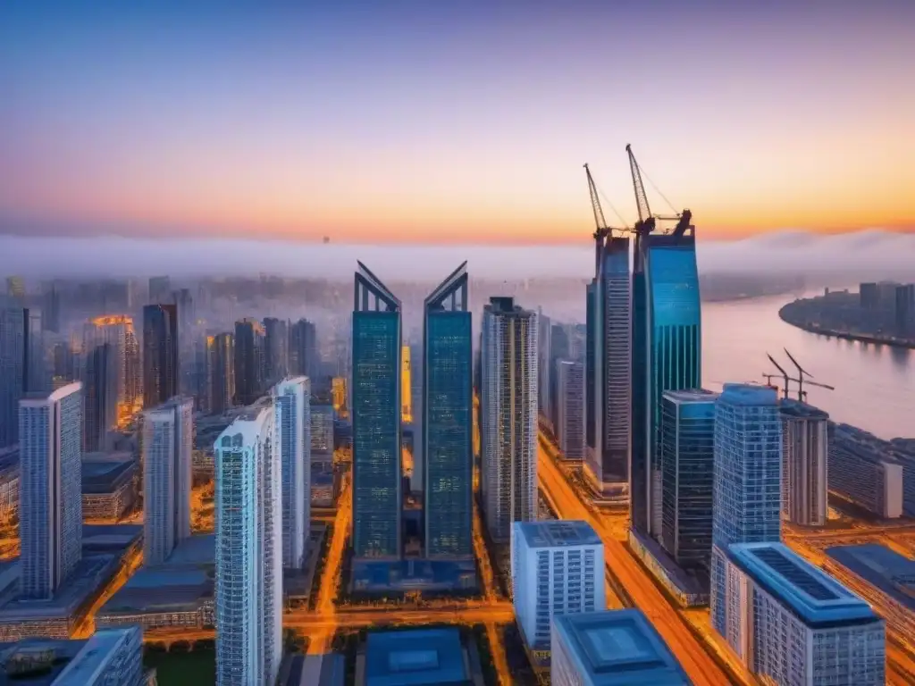 Horizonte urbano al atardecer: símbolo de crecimiento en bienes raíces Impresionante skyline urbano al atardecer simbolizando la recuperación de los mercados inmobiliarios postcrisis