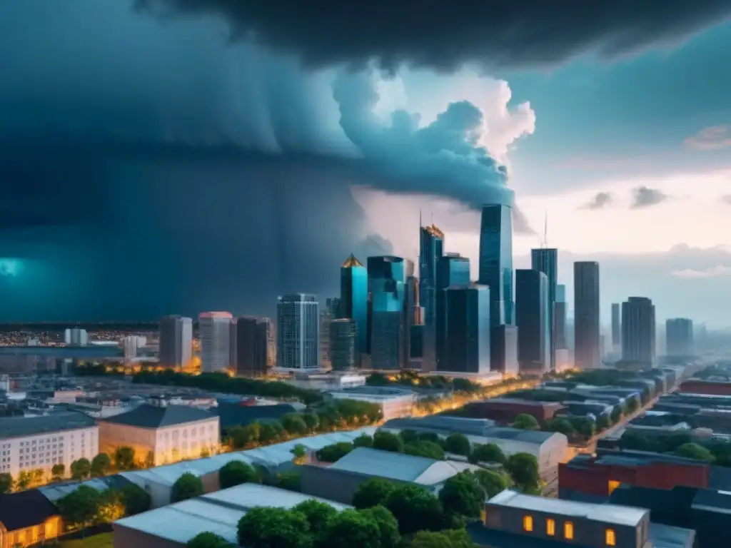 Horizonte urbano bajo tormenta: riesgo y seguros inmobiliarios Impresionante skyline urbano contrastado con nubes de tormenta, reflejando riesgo para el seguro inmobiliario zonas riesgo análisis