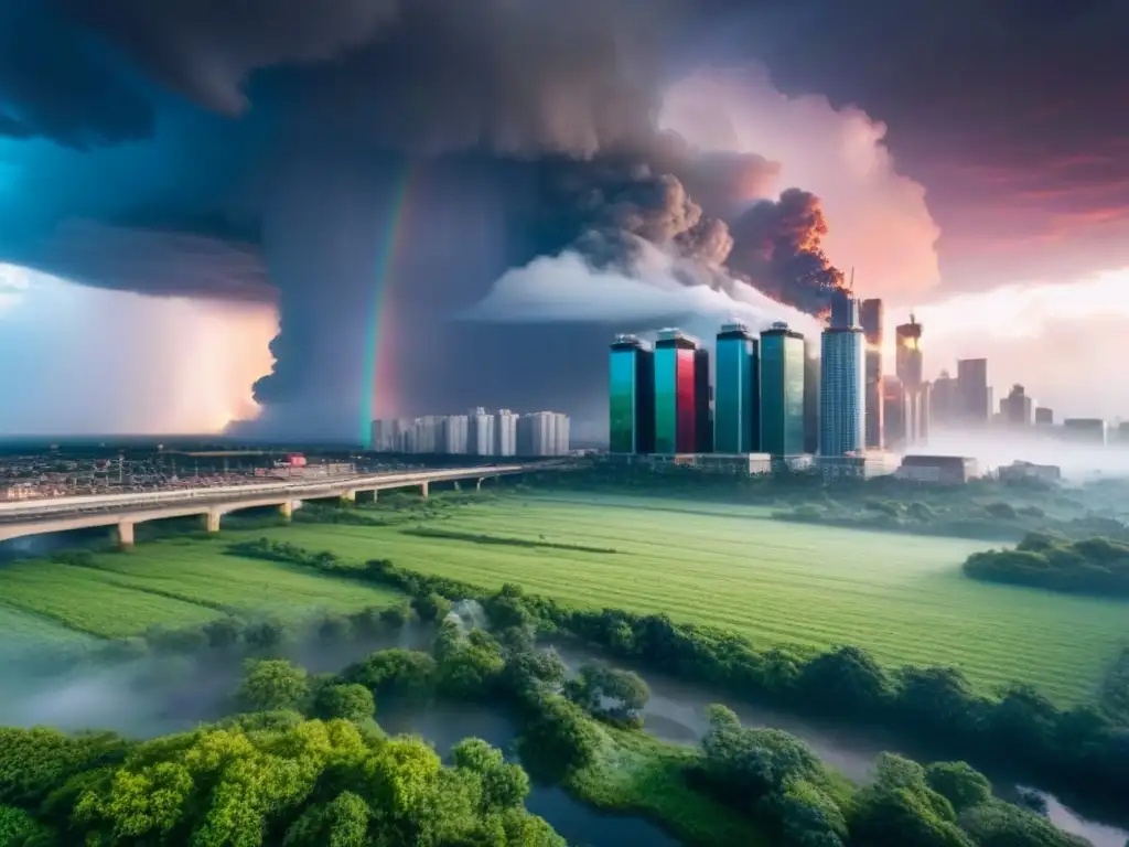 Horizonte urbano resiliente: tecnología y esperanza tras desastres Impresionante skyline urbano con innovadoras construcciones y espacios verdes, simbolizando la gestión de riesgo inmobiliario por desastres naturales