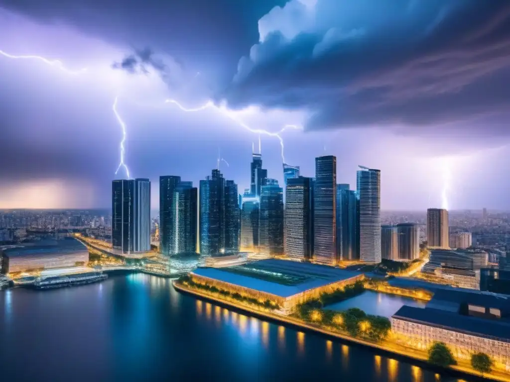 Inversión inmobiliaria bajo riesgo climático: tormenta sobre la ciudad Impresionante skyline urbano bajo nubes de tormenta, destaca el impacto del riesgo climático en bienes raíces