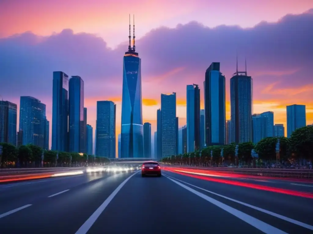 Horizonte urbano moderno: luces de atardecer en rascacielos de cristal Impresionante skyline urbano al anochecer con rascacielos de cristal iluminados, reflejando el atardecer en tonos vibrantes
