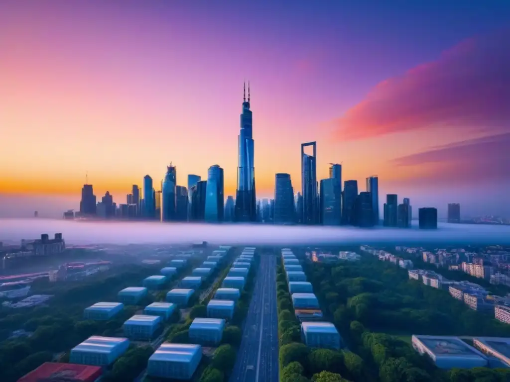 Horizonte urbano futuro: arquitectura sostenible en atardecer vibrante Impresionante skyline urbano con rascacielos futuristas y atardecer vibrante