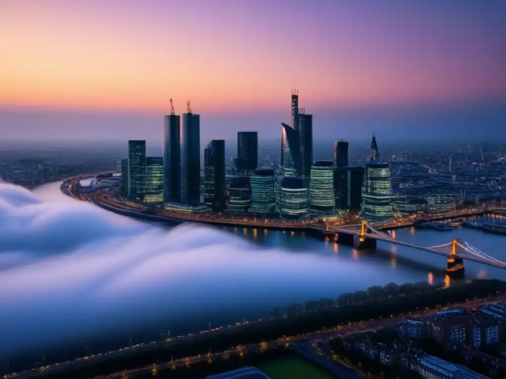 Skyline urbano al anochecer: impacto económico de Brexit en propiedades Impresionante skyline urbano al anochecer, con rascacielos iluminados en la incertidumbre del Brexit y su impacto en precios de propiedad