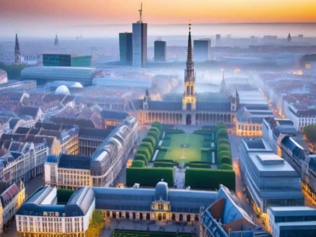 Bruselas: fusión de historia y modernidad al atardecer Impresionante vista aérea de Bruselas al atardecer, fusionando arquitectura histórica con rascacielos modernos