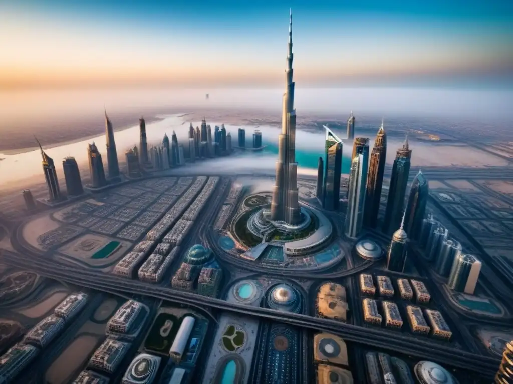 Esplendor urbano: Dubai con Burj Khalifa en el atardecer dorado Impresionante vista aérea de Dubái con el Burj Khalifa y propiedades de lujo en Medio Oriente