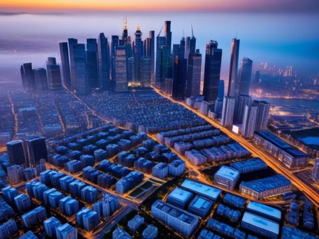 Espléndida ciudad moderna al atardecer: mercado inmobiliario en auge Impresionante vista aérea de una ciudad vibrante con rascacielos modernos, reflejando un mercado inmobiliario dinámico y fluctuaciones cambiarias