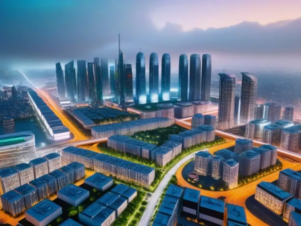 Metrópolis futurista en 8k: torres 5G, drones y autos autónomos Impresionante vista aérea de ciudad futurista con rascacielos interconectados por torres 5G